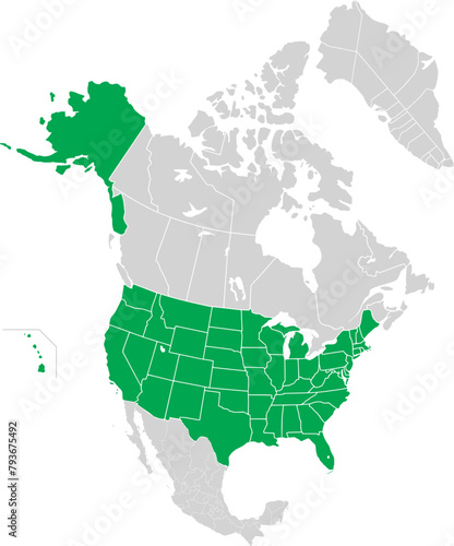 Green detailed blank political map of the UNITED STATES with white state borders on transparent background using orthographic projection of the light grey North American continent
