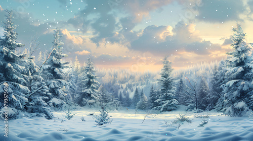 Beautiful winter landscape with snow covered trees.