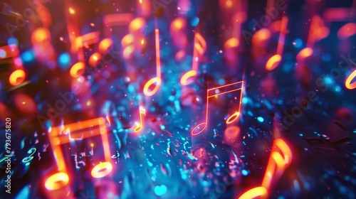 Glowing music sheets notes on beautiful lights bokeh background.
