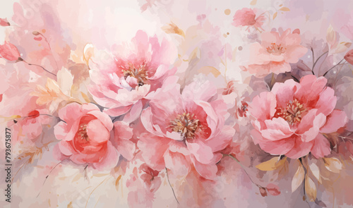 Watercolor pink gold flower abstract mural, peonies, tulips, rose, large delicate voluminous flowers, background, wallpaper,