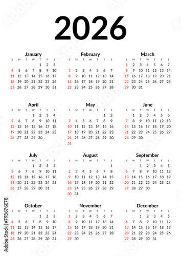 2026 Calendar year vector illustration. The week starts on Sunday. Annual calendar 2026 template. Calendar design in black and white colors, Sunday in red colors. Vector, made with Inkscape