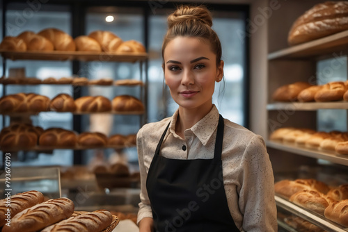 Freundliche Verkäuferin in traditioneller Bäckerei mit zahlreichen Broten und Backwaren im Hintergrund. photo