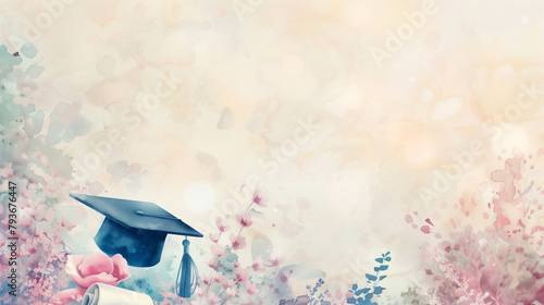 Graduation cap on floral background, soft tones, education and spring concept, with copy space