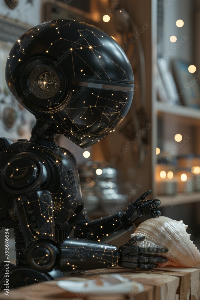 Fototapeta premium Futuristic robot with constellation patterns in cozy interior