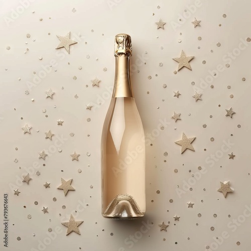 Champagne bottle with glittering confetti stars. A celebratory cava bottle surrounded by ribbons, and baubles on a color background, depicting festivity and luxury. Great design for postcard, banners © MiniMaxi