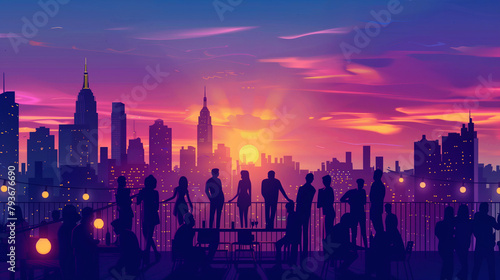 Vibrant sunset cityscape with silhouette figures, urban skyline, with copy space