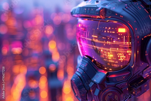 Futuristic cybernetic helmet against neon cityscape
