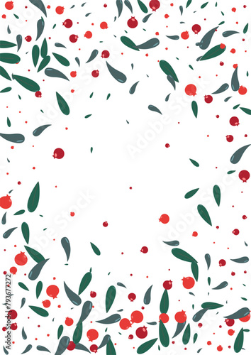 Red Leaves Background White Vector. Berries Cartoon Card. Pink Herb Natural. October Template. Leaf Art.