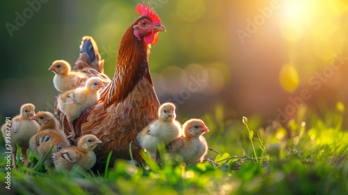 Mother hen with little chickens in a rural yard. Hen guides her brood of tiny chicks in green paddock. Free range chicken on traditional poultry farm. Organic farming, back to nature concept photo