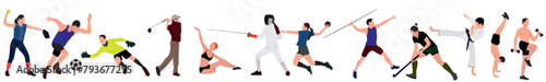 Group of people performing sports activities. Doing yoga and gymnastics exercises, jogging, riding bicycles, playing ball game and tennis.