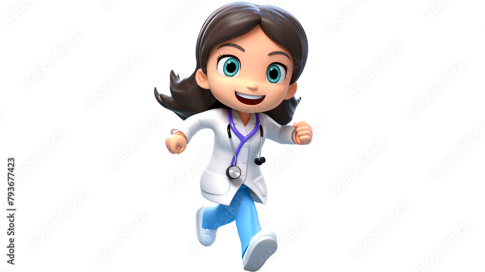 Smiling young 3d cute character nurse in a hurry on transparent background PNG.
Smiling young 3d cute character nurse in a hurry on transparent background PNG.