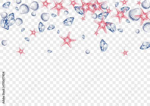 Navy Clam Background Transparent Vector. Scallop Drawn Design. Doodle Graphic. Gray Starfish Cartoon Wallpaper. Ultramarine Seashell.