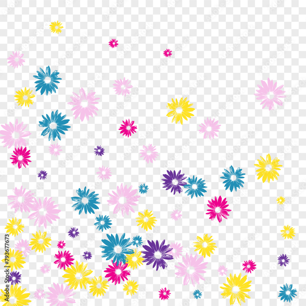 Fototapeta premium Blue Floral Background Transparent Vector. Gerbera Festive Backdrop. Green Flowers Hand Drawn. Decor Design. Chic Colorful Petal.