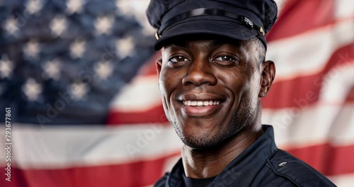 Smiling African American police officer in uniform against a blurred American flag background. Perfect for patriotic campaigns