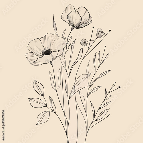 minimal line flower and botanical graphic sketch drawing, trendy tiny tattoo design, floral elements vector illustration