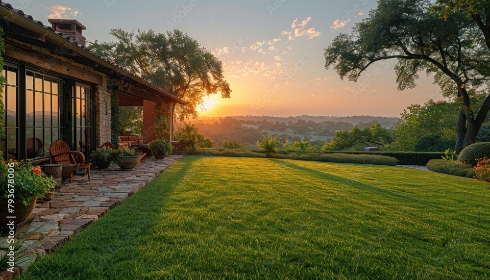 Sunset backdrop illuminating a house with a spacious lawn in front Sunset backdrop illuminating a house with a spacious lawn in front