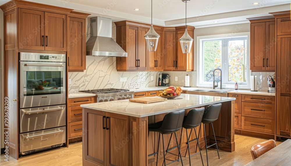 Kitchen with wood cabinetry, stainless steel appliances, and a large island Kitchen with wood cabinetry, stainless steel appliances, and a large island