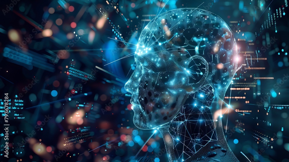 A computer generated image of a man's head with a glowing brain A computer generated image of a man's head with a glowing brain
