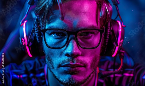 Professional sports player taking part in team competition gamer space neon light 
