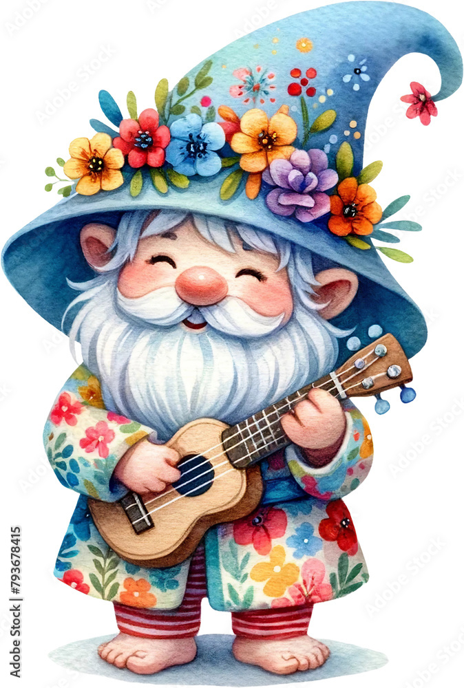 Naklejka premium Floral Gnome Playing Guitar Watercolor Illustration 