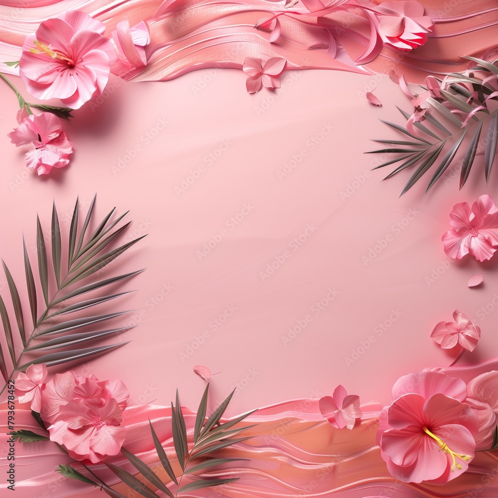 elegant tropical floral arrangement with pink hibiscus and ribbons on soft backdrop