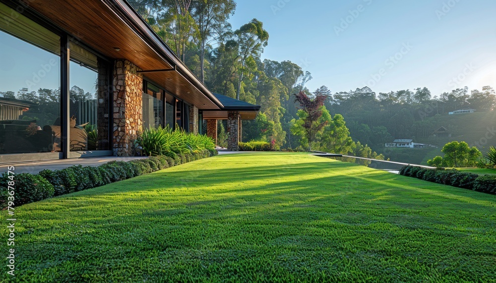 House with green lawn, trees, and clear sky in front