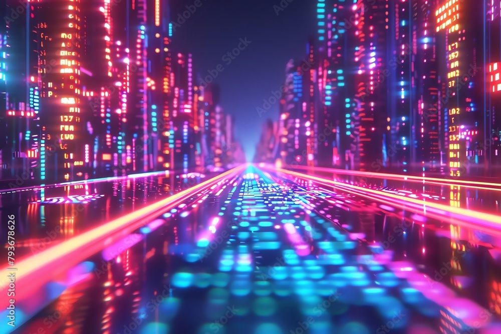 Quantum algorithm visual, flowing code, wide angle, neon lights, sharp focus, 