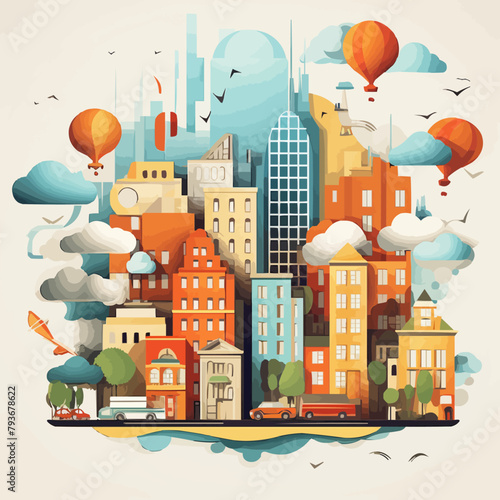Vector building illustration of city landscape with elements. Illustration for landing page, Infographic, banner