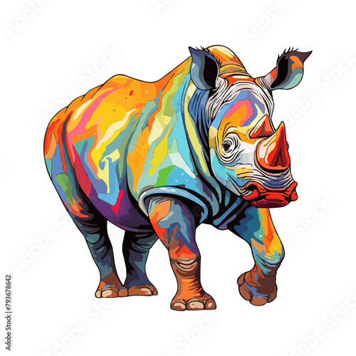 Vector drawing of a colorful African rhino on a white background.