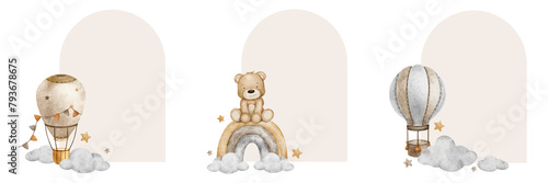 Hot Air Balloons, rainbow, clouds and stars. Set of cute watercolor Isolated frames. Backgrounds for kid's goods, postcards, baby shower and children's room