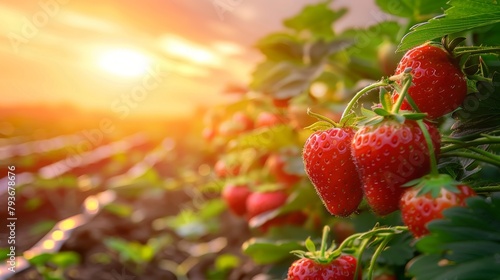 Ripe strawberries growing in garden  closeup. Organic farming concept  branch with natural strawberries on a blurred background of a strawberry field at golden hour