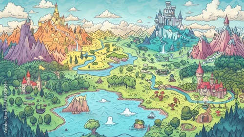 A map of a fantasy world with colorful mountains, forests, and castles.