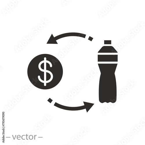 deposit bottle icon, cash back on plastic, returning money, flat symbol on white background - vector illustration