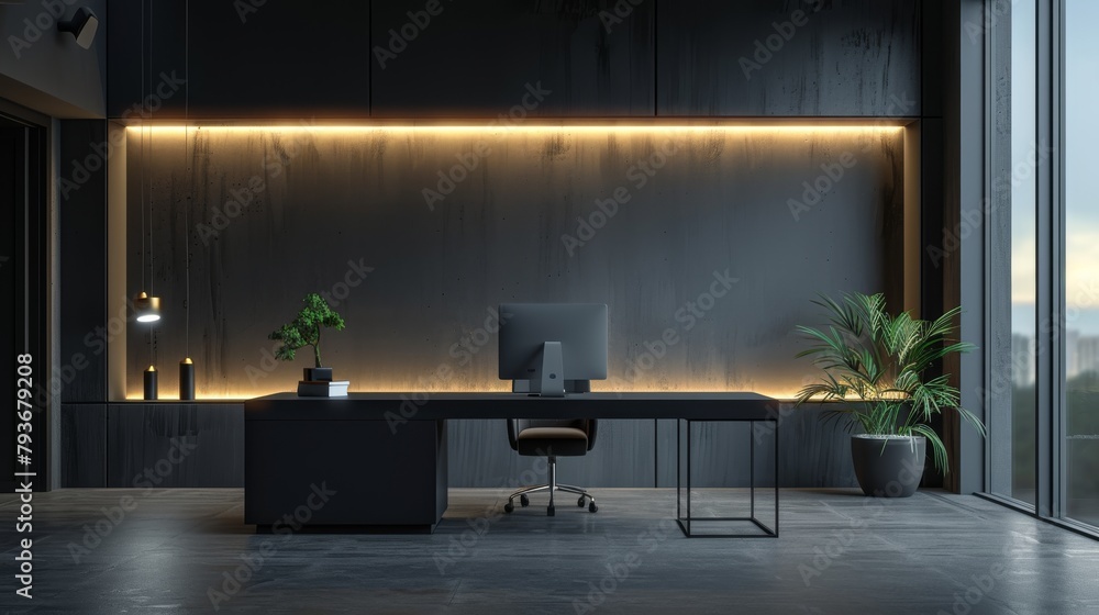 Dark and moody home office with black walls, wood floors, and a large window looking out onto a city skyline. Dark and moody home office with black walls, wood floors, and a large window looking out onto a city skyline.