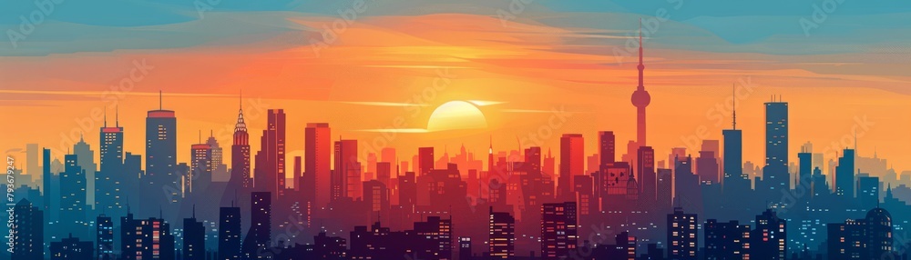 Cityscape at sunset with a blue and orange sky.