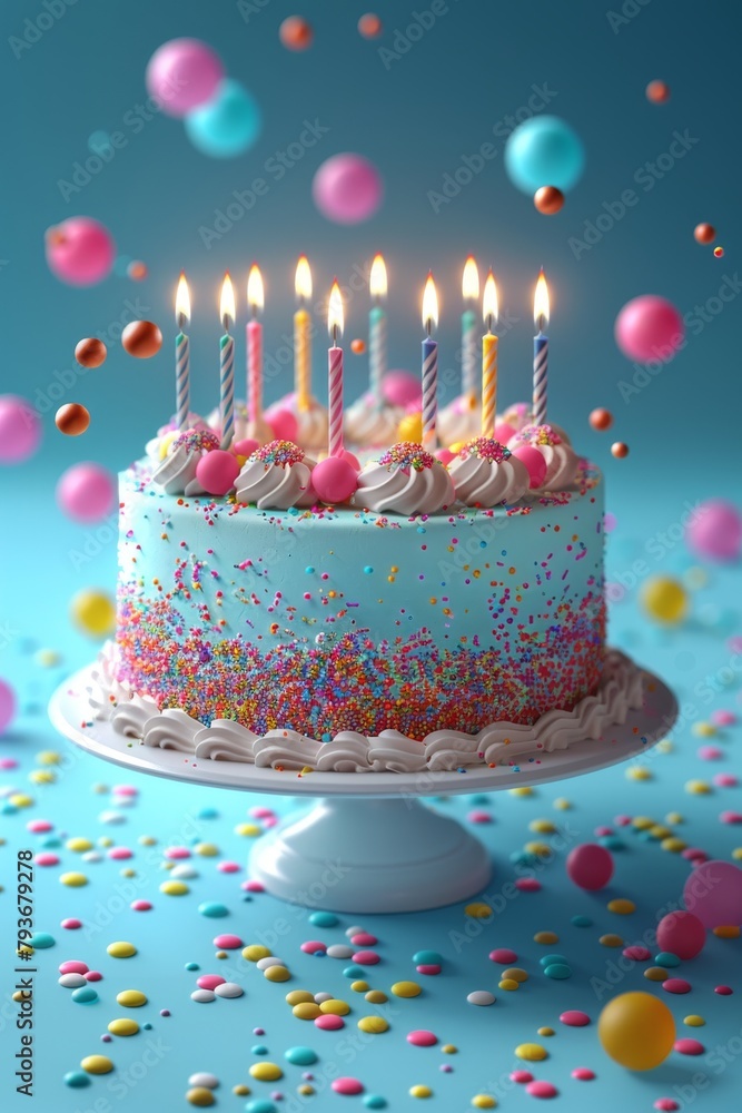 A beautiful blue birthday cake with lit candles and colorful sprinkles on a blue background. A beautiful blue birthday cake with lit candles and colorful sprinkles on a blue background.