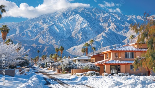 Snowcovered street with house, mountains, and sky in the background