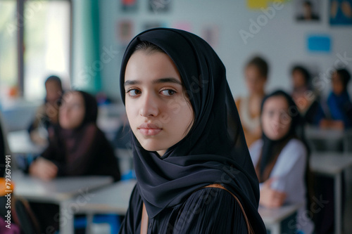 Portrait d'une belle jeune fille naturelle de religion islamiste vétue de noir avec un voile dans une salle de classe photo