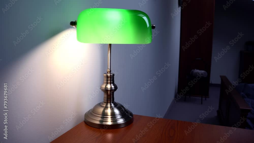 Green Reading Lamp in a hotel room, on a brown desk. No people. Green Reading Lamp in a hotel room, on a brown desk. No people.