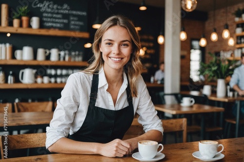 Happy young woman with working in cafe © ThomasLENNE