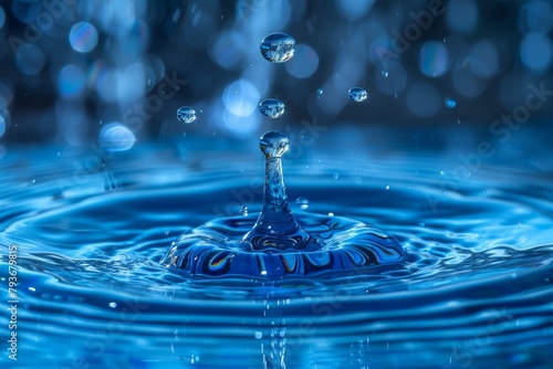 Water droplets creating ripples on a blue surface