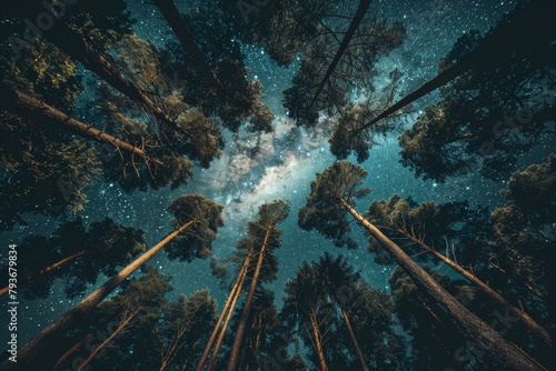 Stunning night sky viewed from forest ground-level: Milky Way amidst towering trees