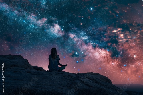 Woman meditating under starry sky on mountain side, a serene nighttime escape