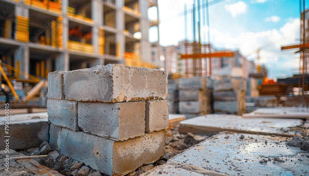 Brick pile on asphalt ground at construction site, under sky Brick pile on asphalt ground at construction site, under sky
