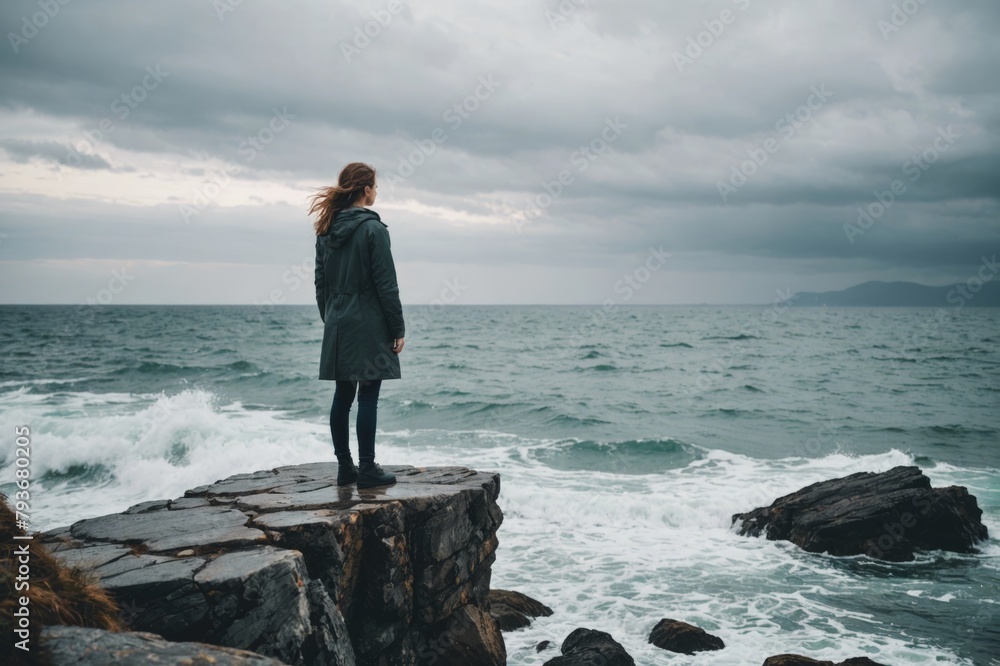 Side view of female standing on stone and admiring picturesque scenery of sea on cloudy day