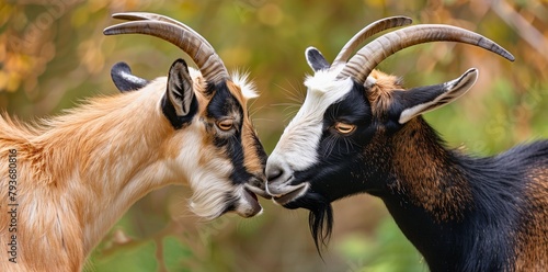 Dynamic scene of two goats engaging in playful head-butting. photo