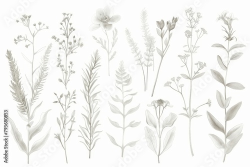 Detailed botanical sketches in transparent white  adding botanical beauty to your artwork