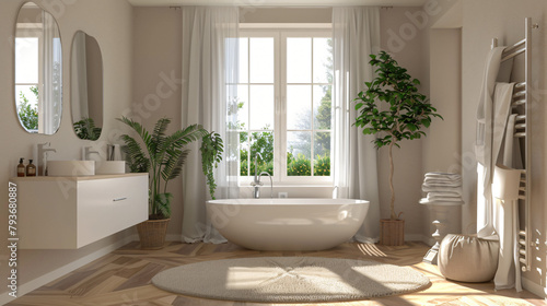 Beige bathroom interior with white sink and mirror  © khan