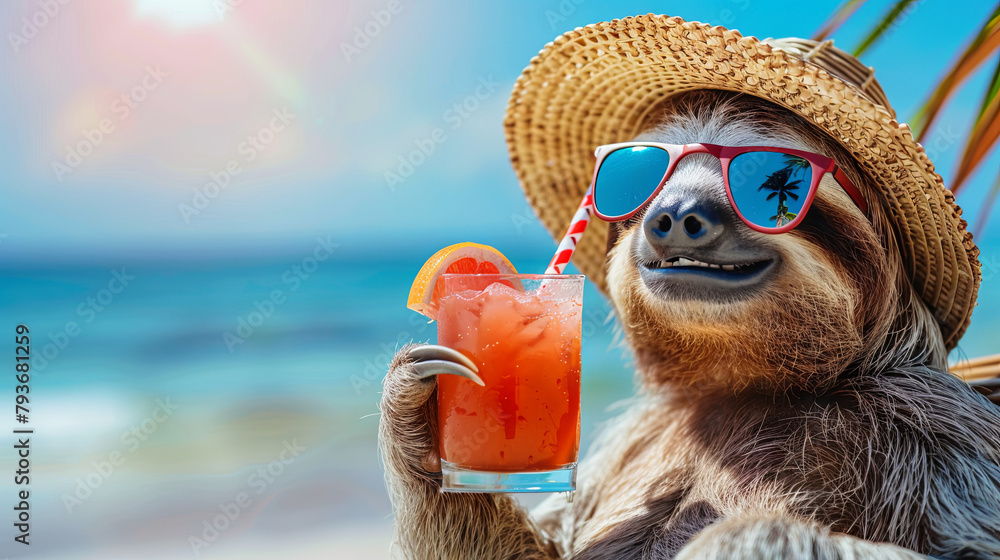 Fototapeta premium Cute a sloth blooper, sunglasses and a glass of cocktail against the background of the ocean