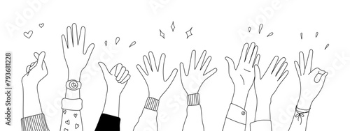 Doodle sketch hands up gestures comic icons silhouettes vector set. Group of line art fun comic hands in the air. Voting or happy congratulation audience recognition symbols.